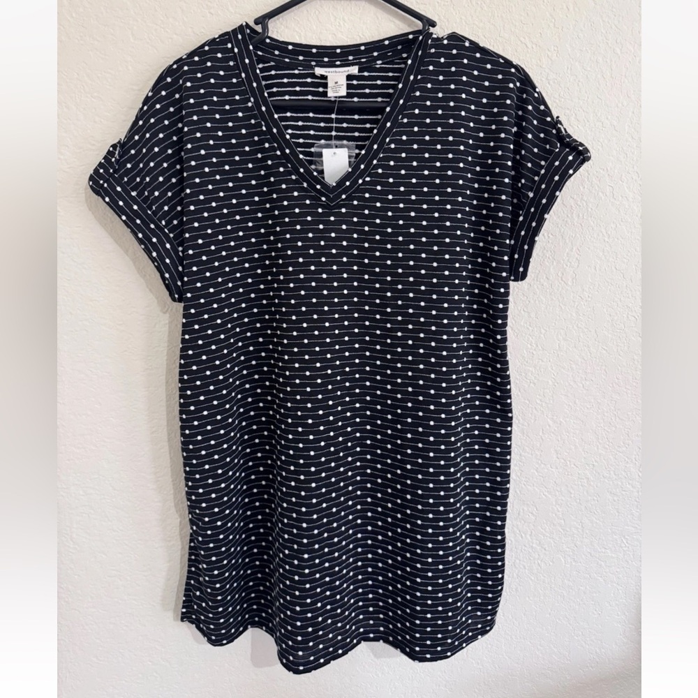 Westbound Womens Black White Polka Dot V-Neck Tab Sleeve‎ Knit Top Medium NWT